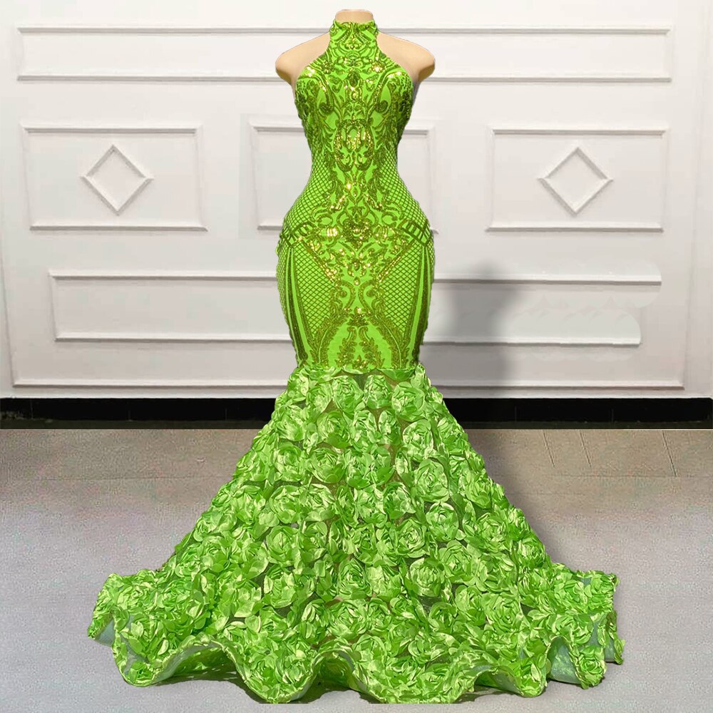 Long Green Prom Dresses Sparkly Sequin 3D Flowers Train African Girls Women Mermaid Formal Evening Party Gowns Custom Made