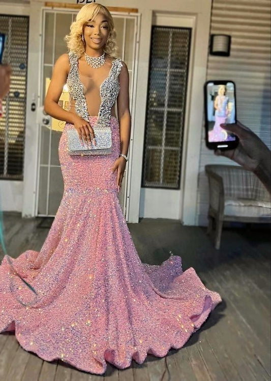 Sparkling pink prom dresses, Sexy sequins mermaid pink prom pageant evening homecoming gown