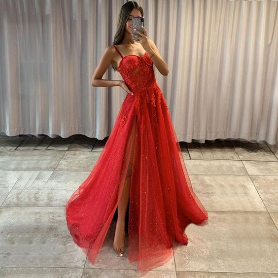 Sparkling Sexy Red Spaghetti Straps Sweetheart Lace Top Side-slit A-line Long Prom Dress