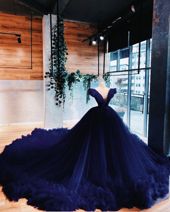 Navy blue long ball gown prom dress