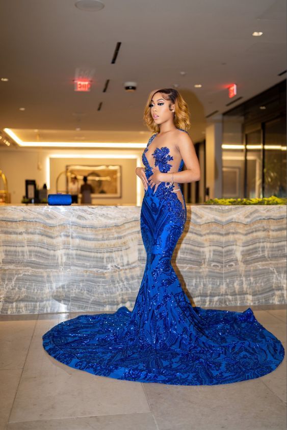 New Royal Blue Mermaid Long Prom Dress With Train Sexy Evening Dresses