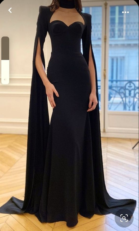 Black Mermaid Evening Dresses Floor-length Party Dress Shawl Sweetheart Prom Gowns Slit