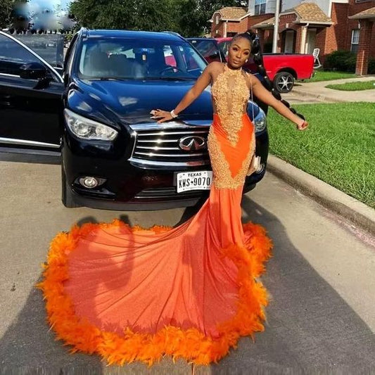 Orange Feathers Mermaid Prom Dresses For Black Girls Halter Lace Appliques Backless evening Birthday Party Dress Long African