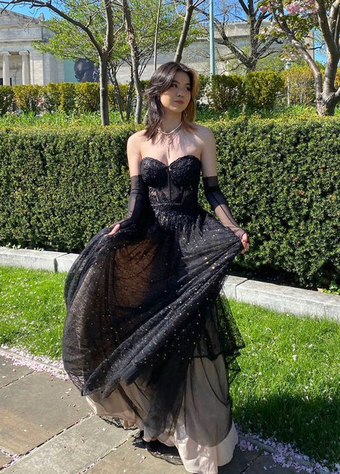 strapless black sparkly layered prom dress,chic black prom gown