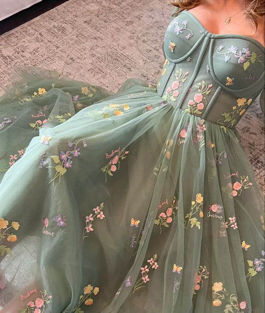 Green Tulle Prom Dress, Sweetheart Neckline Dress, Long Sleeves Embroidered Prom Dress, Flower Dress Ankle Length Dress, Tulle Prom Dress