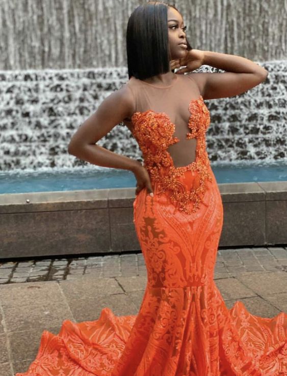 Orange Sequins Mermaid Prom Dresses Black Girl African Girl Prom Gowns Evening Formal Dresses